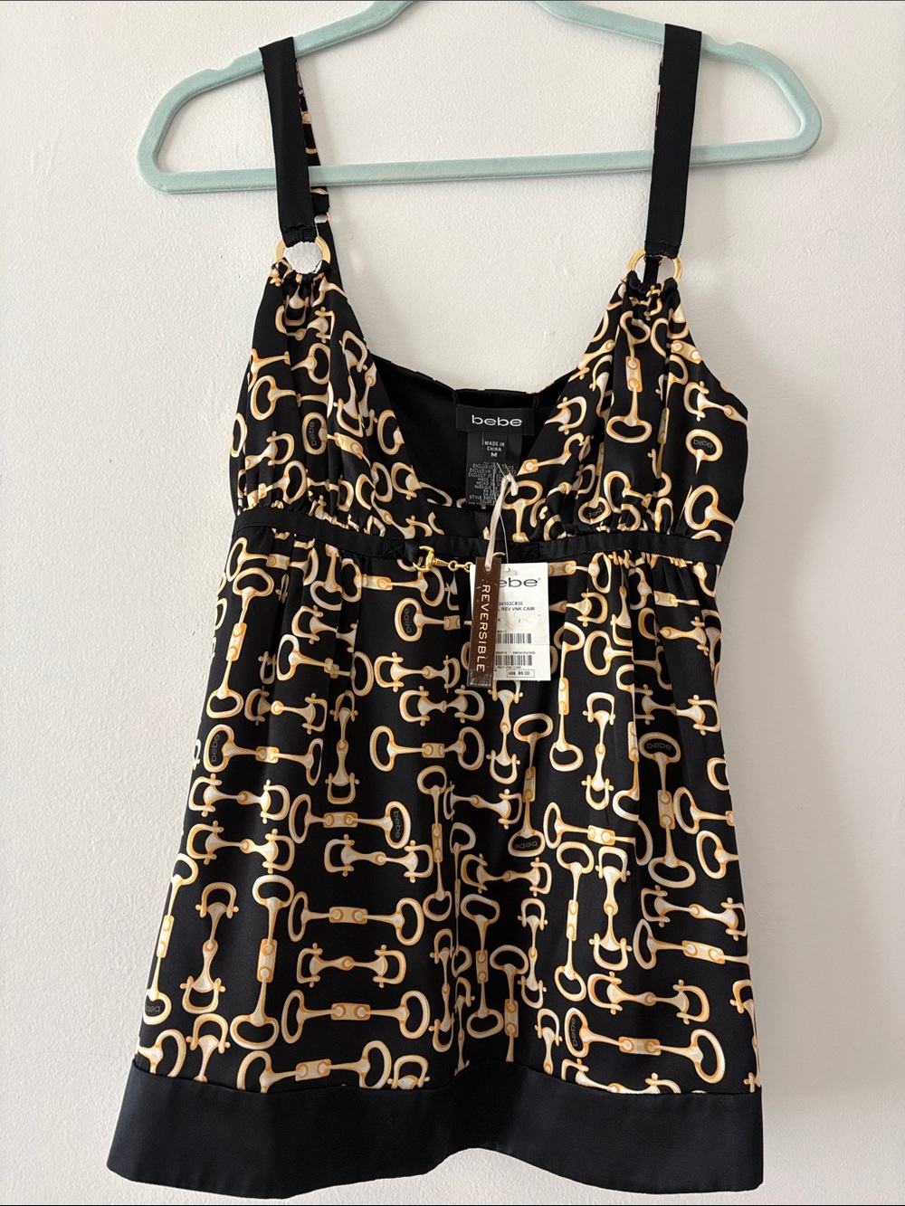 Y2K- bebe Black & Gold Chain-Print Mini Dress-REVERSIBLE-